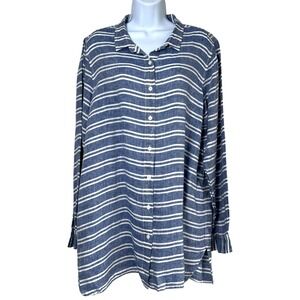 Garnet Hill Womens Easy Linen Tunic Striped Size Medium‎ Coastal Oversized Work